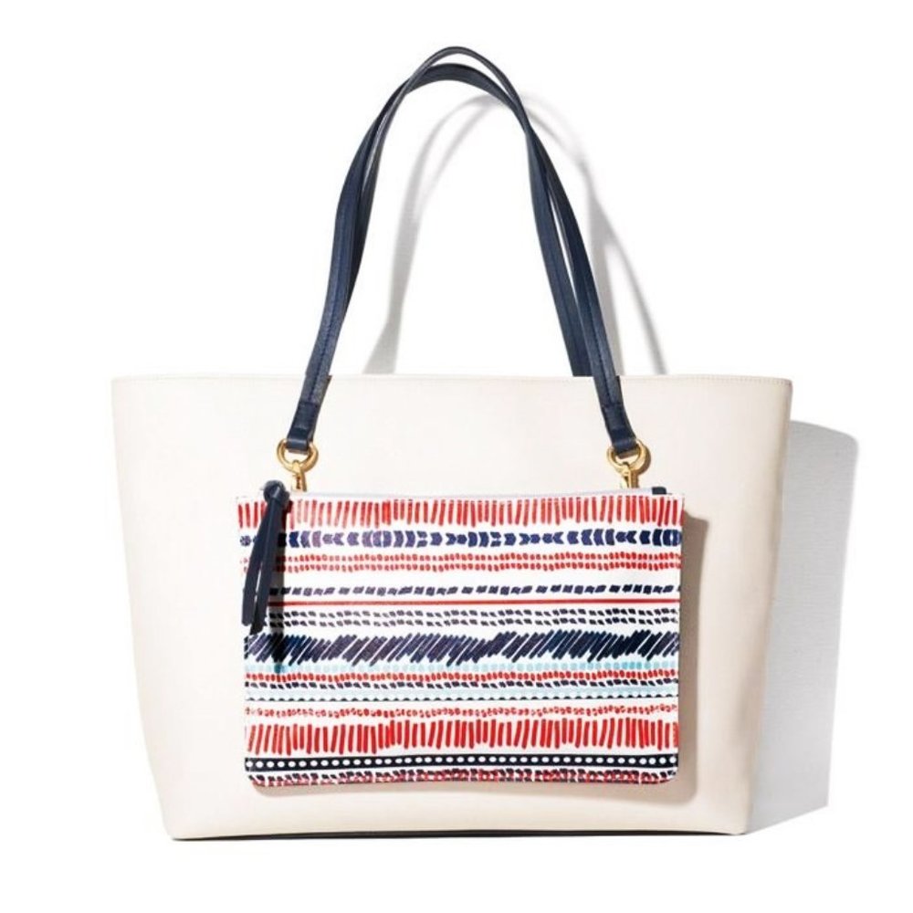 Avon Cream Tote with Red and Navy Patterned Pouch